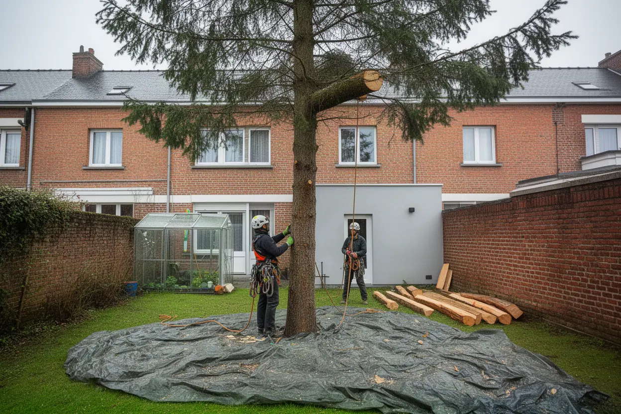 Abattage contrôlé d'un arbre entre maisons à Loos