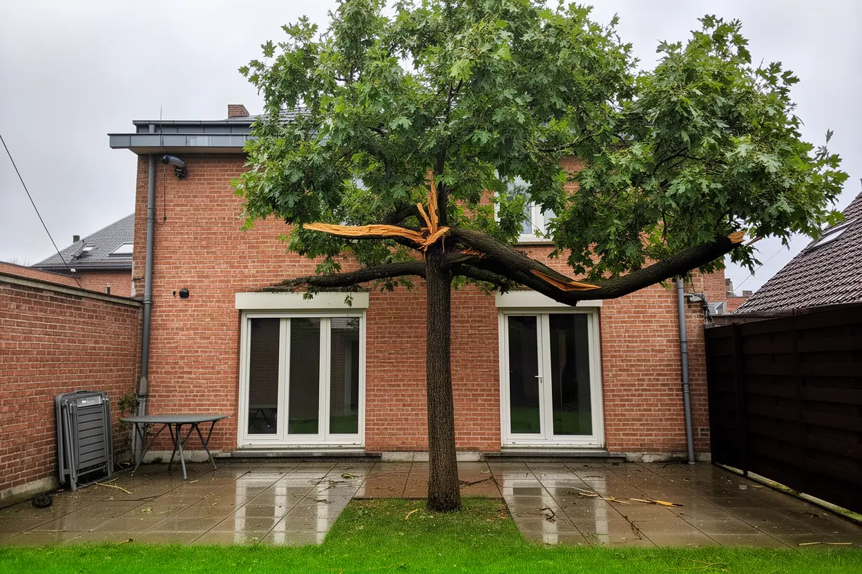 Branche fendue suspendue au-dessus d'une terrasse à Lambersart