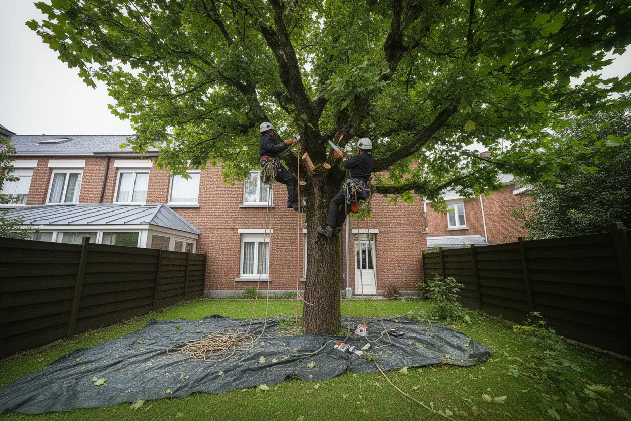 Élagueur taillant un feuillu dans un jardin à Loos