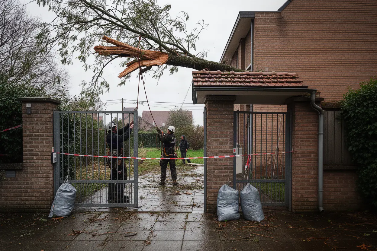 Équipe sécurisant un arbre endommagé à Loos